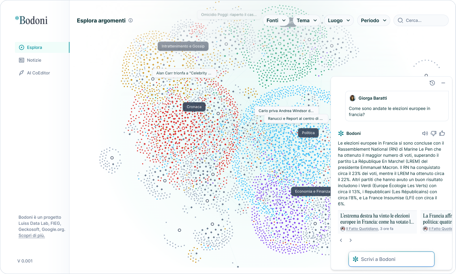 Schermata dell'app Bodoni che mostra un grafo a nodi multicolore e una finestra di una chat con Bodoni AI
