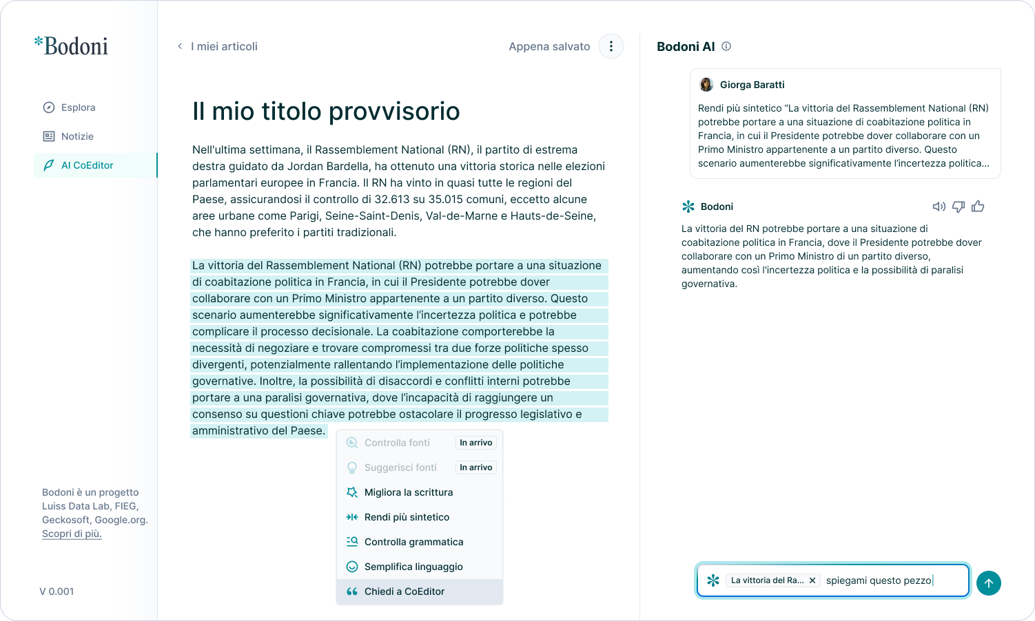 Schermata dell'app Bodoni che mostra un articolo in bozza con a fianco la chat di Bodoni AI che da suggerimenti sulle fonti da citare e miglioramenti al testo