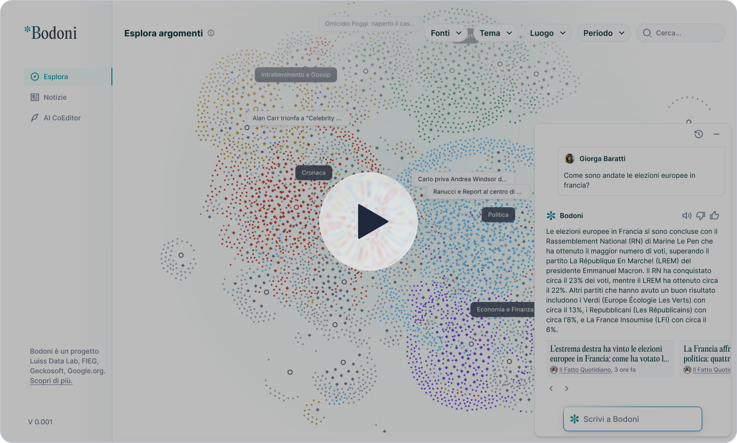 Schermata dell'app Bodoni che mostra un articolo in bozza con a fianco la chat di Bodoni AI che da suggerimenti sulle fonti da citare e miglioramenti al testo
