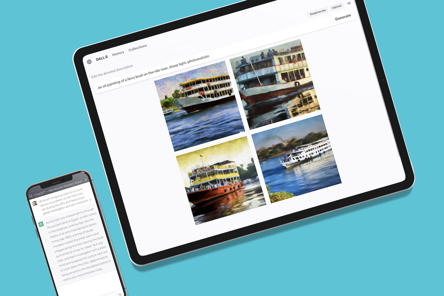 Un tablet con il sito web Dall-E aperto che mostra quattro immagini generate dall'intelligenza artificiale di una barca su un fiume. Accanto, uno smartphone aperto sull'app ChatGPT con un prompt complesso per generare un'immagine.