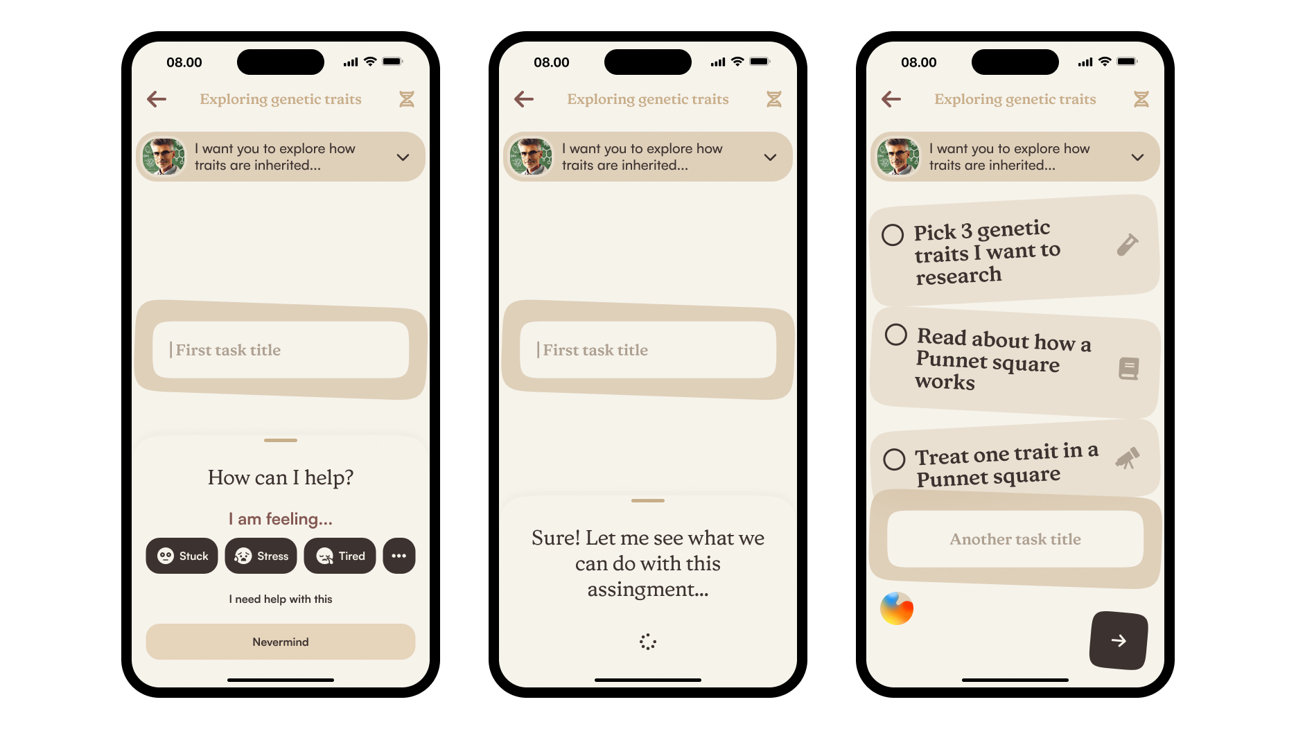 Tre schermate di un'app educativa che mostra l'integrazione del modello AI di Rational AI, che alla richiesta dell'utente di aiutarlo a preparare un compito, lo aiuta scomponendolo in attività più piccole e organizzandole in un piano di studio personalizzato.
