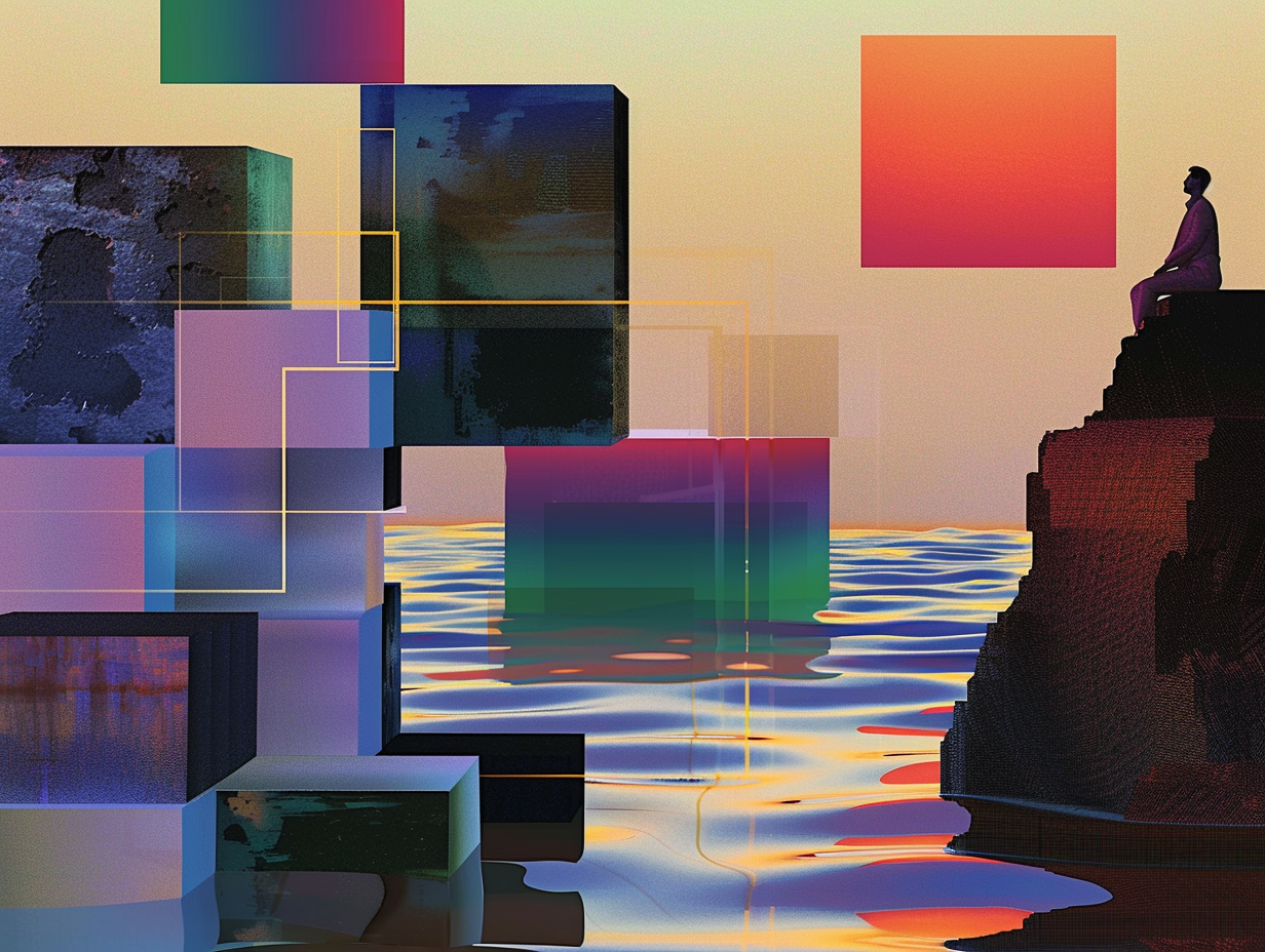 Paesaggio astratto al crepuscolo con blocchi fluttuanti separati e linee luminose che tentano di collegarli senza riuscirci; una piccola figura osserva da lontano sotto un grande sole rosso.